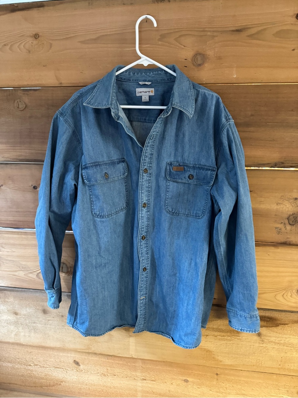 Carhartt Denim Shirt- Shacket with Brown Leather Logo Patch - Blue